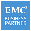 A blue square with the words emc 2 business partner underneath it.