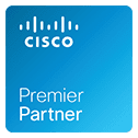 A blue background with the words cisco premier partner.
