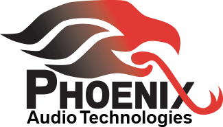 A red and black logo for phoenix audio technologies.