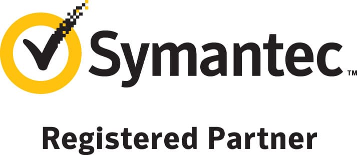 A black and white logo for symantec registered partner.