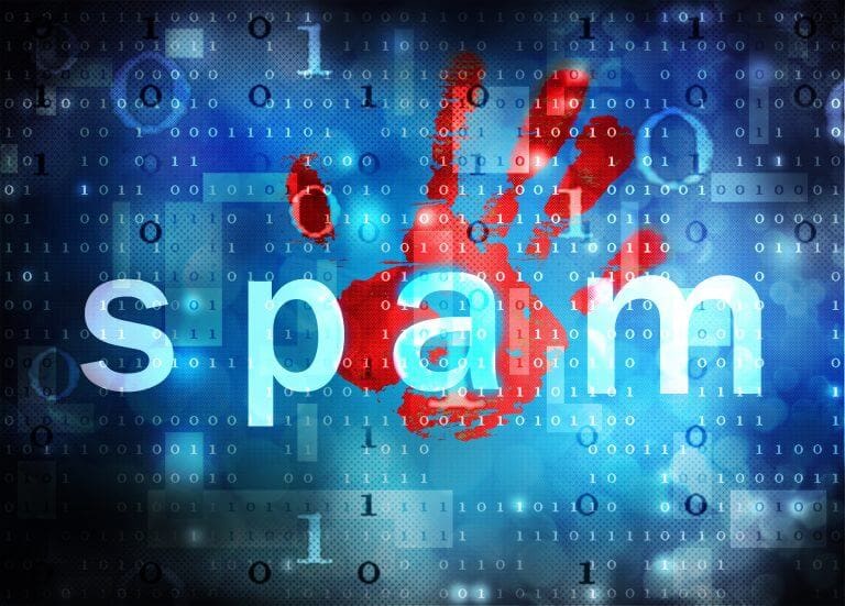 Spam word with handprint on blue background.