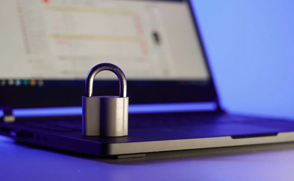 Laptop with padlock for security.