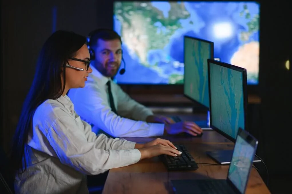 Woman in headset using computer at work.