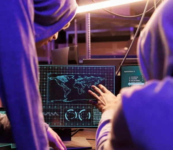 Two hooded figures looking at a computer screen.