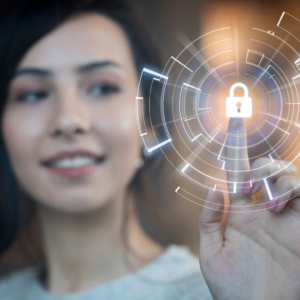 Woman touching digital padlock icon.