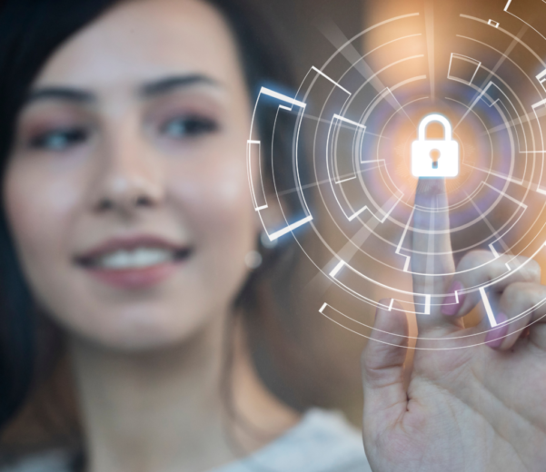 Woman touching digital padlock icon.