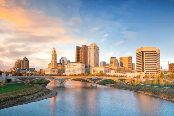 Columbus skyline with bridge and river.