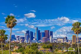 Los Angeles skyline with palm trees.