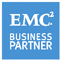 EMC Business Partner logo, blue background.