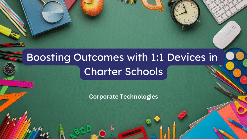 School supplies surrounding educational technology message.