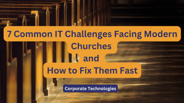 Church IT challenges and solutions text overlay.