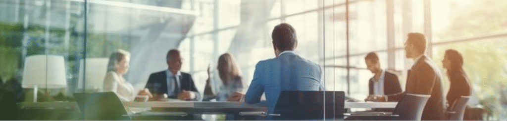 Business meeting in a modern office setting.