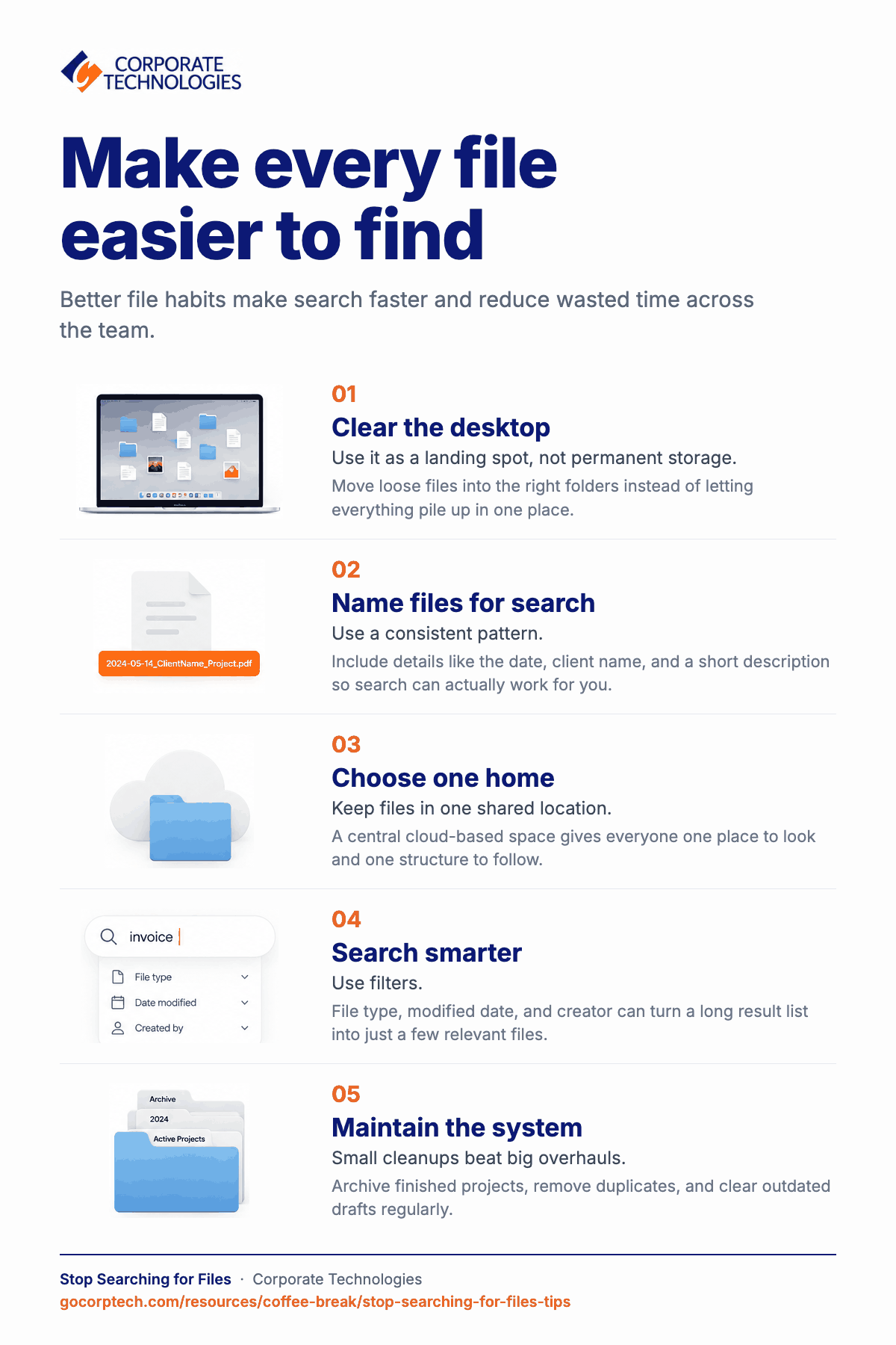 Infographic with five habits that make business files easier to find: clear the desktop, name files for search, choose one shared home, search with filters, and maintain the system.
