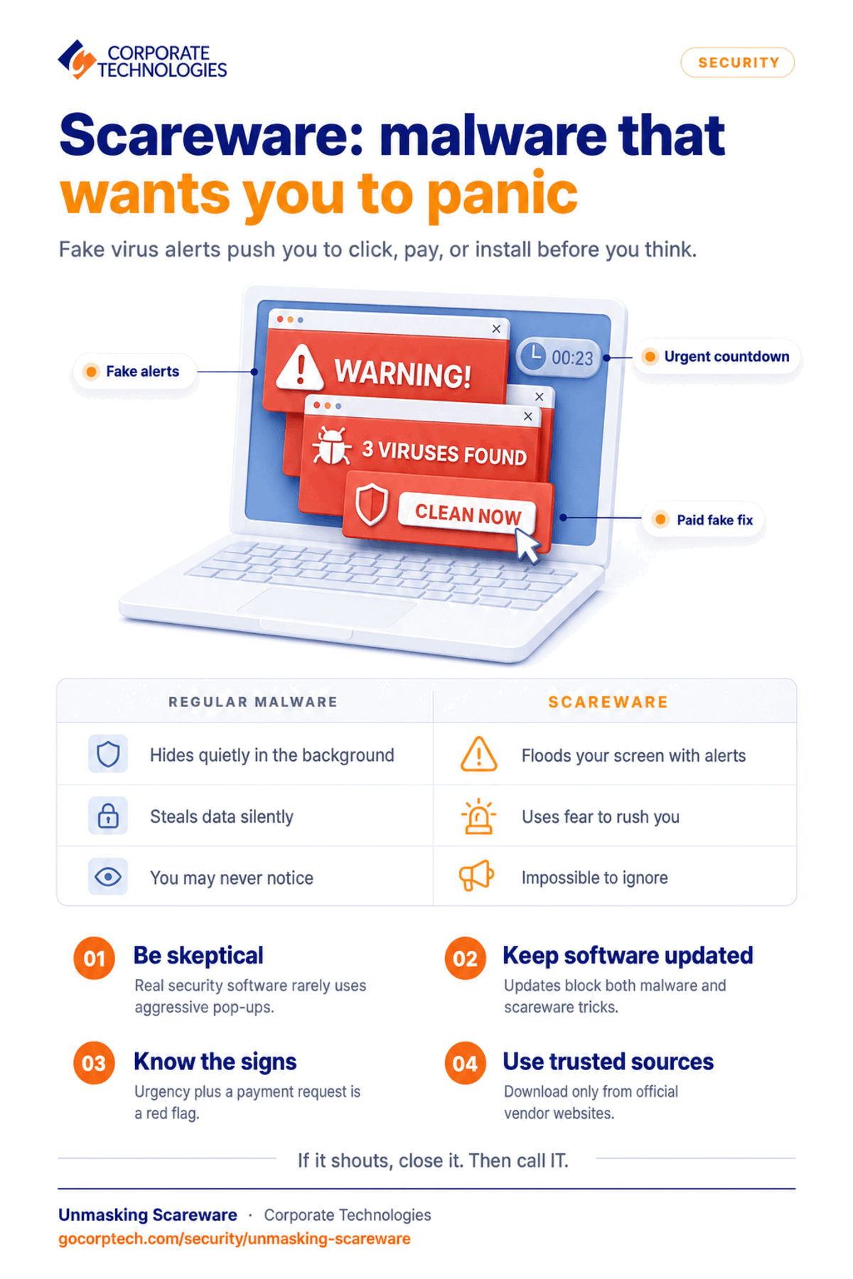 Infographic unmasking scareware, comparing fake security pop-ups with real alerts and giving four tips to avoid being tricked.