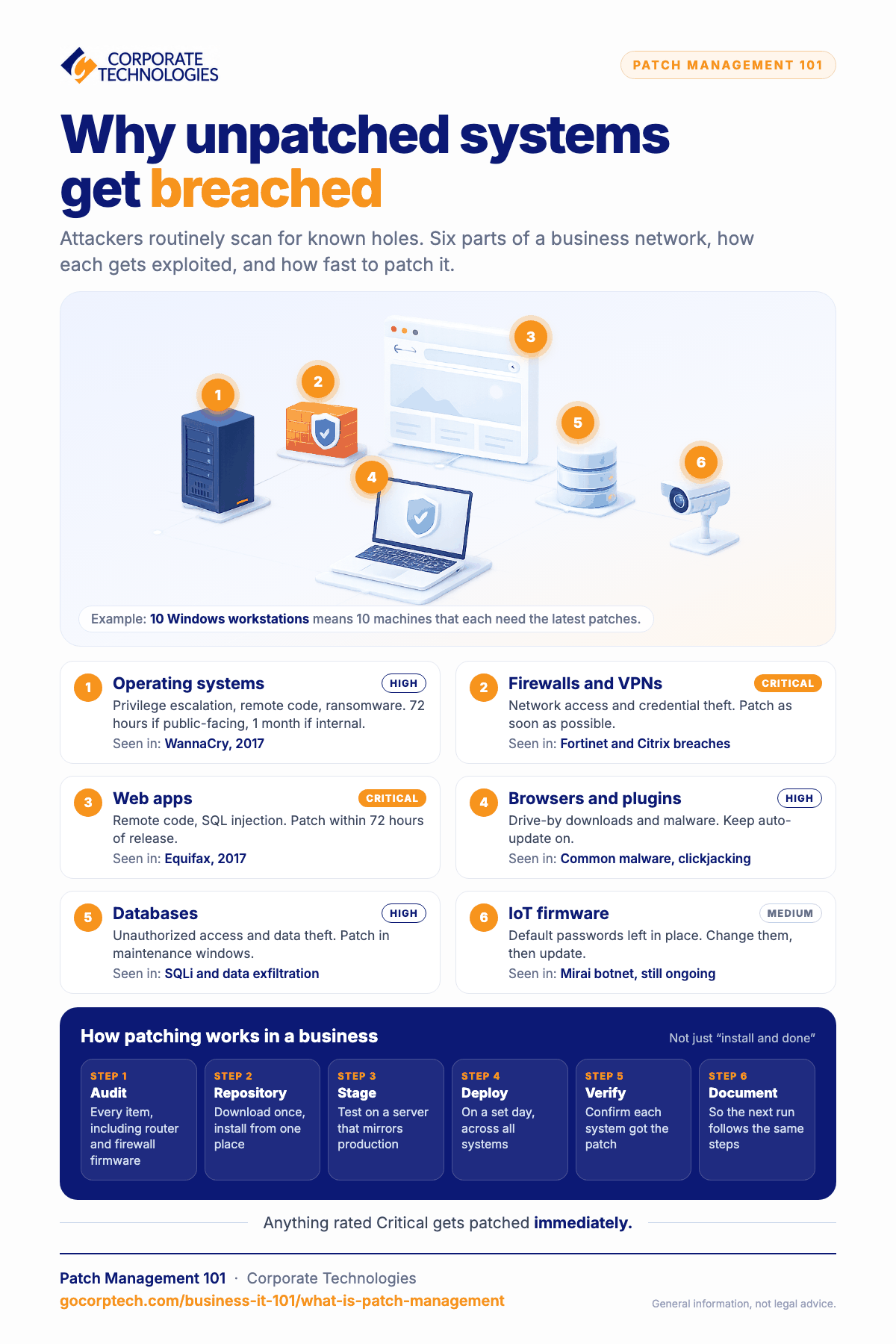 Infographic showing six parts of a business network that attackers exploit when they go unpatched, how fast each should be patched, and a six-step patch management process.